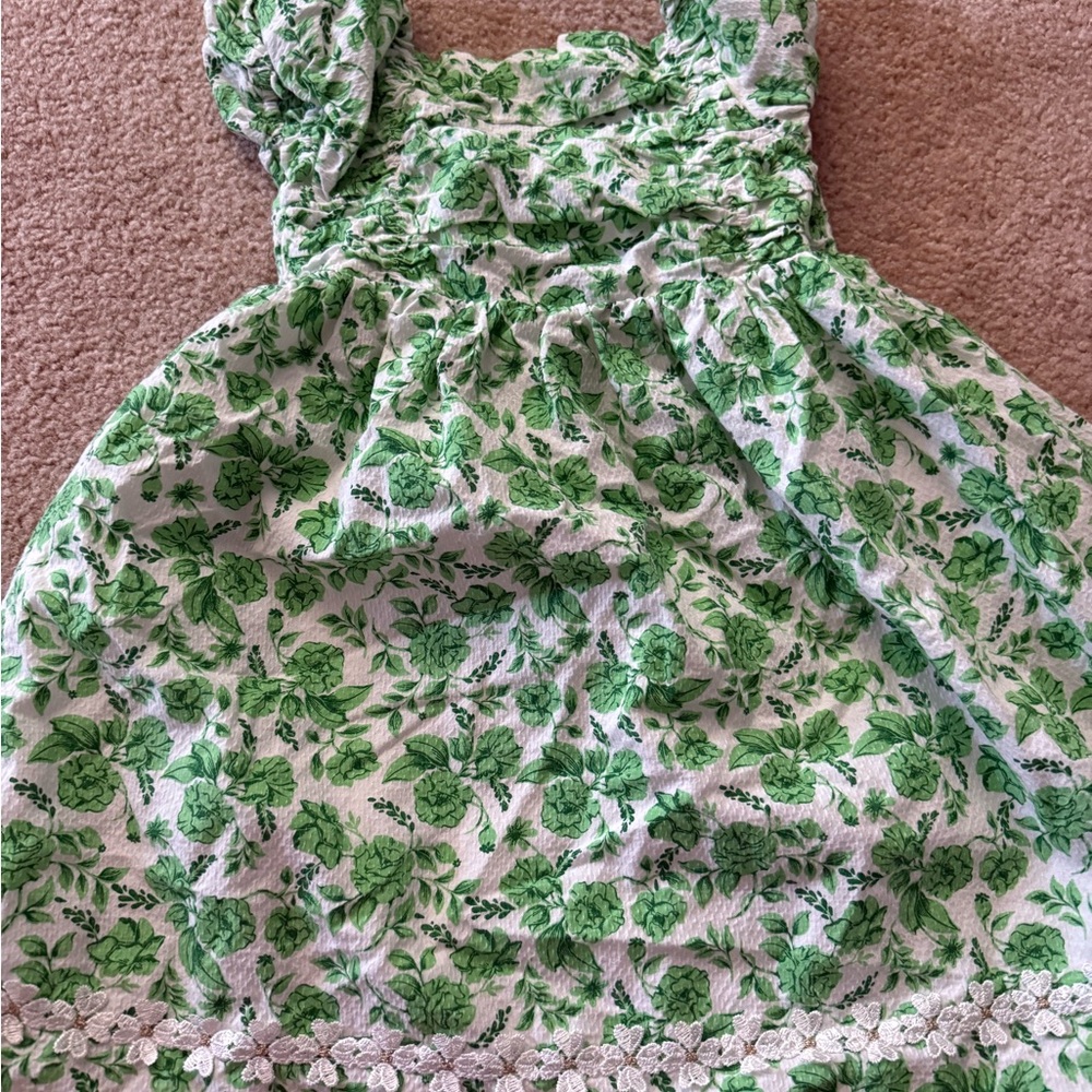 Joie girls Green Floral Dress with Lace Trim